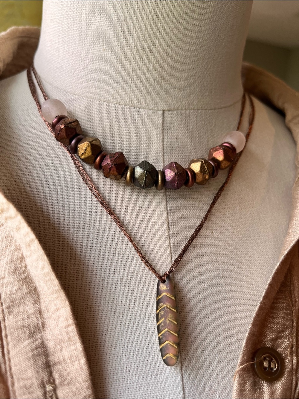 Handcrafted Mixed Metallic Bead and Pendant Necklace - Pink, Gold & Bronze
